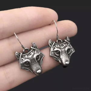 Paar Wikinger Ohrringe mit Fenrir Wolfskopf Motiv Antik-Silber