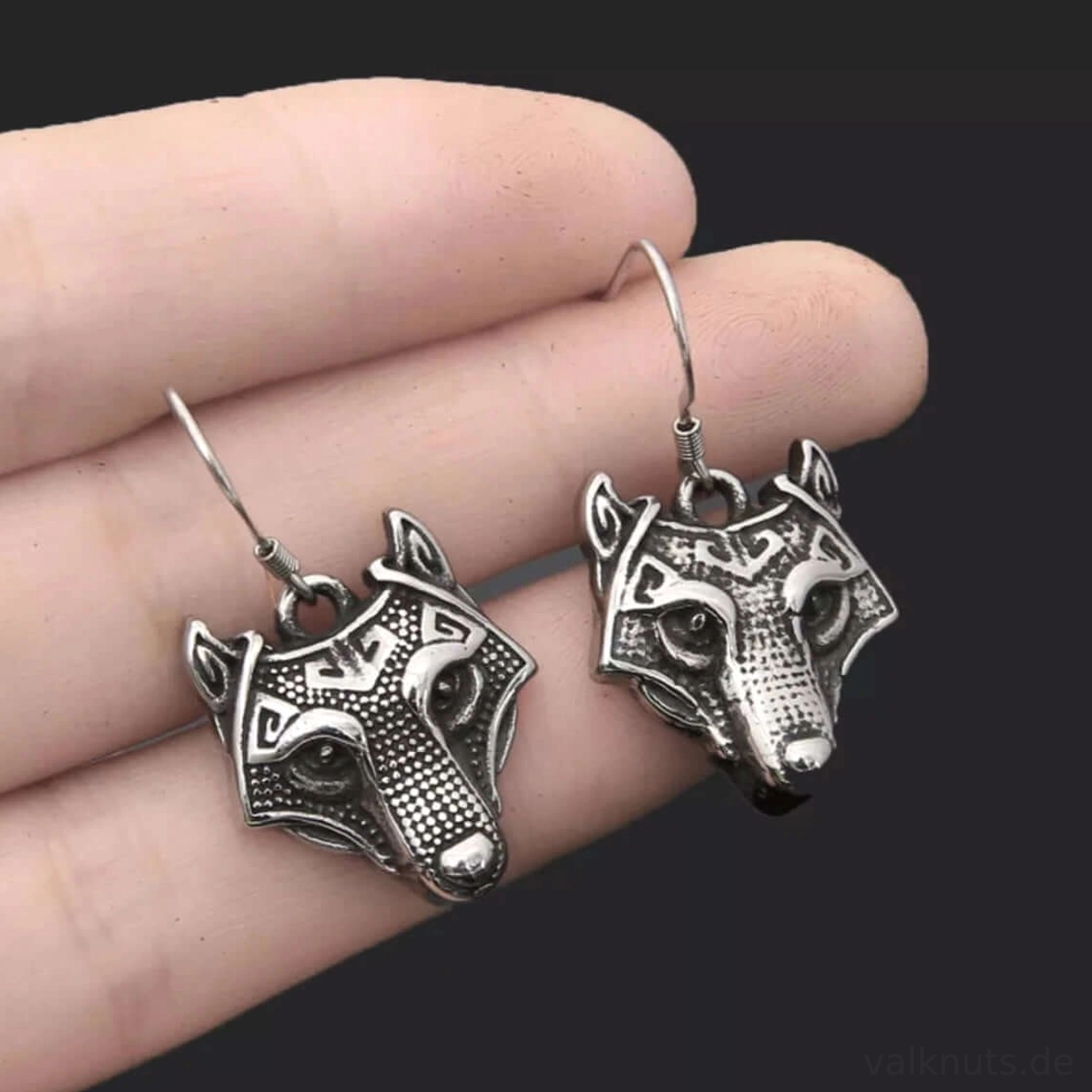 Paar Wikinger Ohrringe mit Fenrir Wolfskopf Motiv Antik-Silber