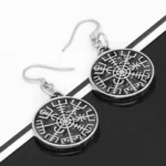 Wikinger Ohrringe Vegvisir mit Valknut auf der Rückseite, silberfarbenes Metall, Runenkompass Symbol
