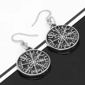 Wikinger Ohrringe Vegvisir mit Valknut auf der Rückseite, silberfarbenes Metall, Runenkompass Symbol