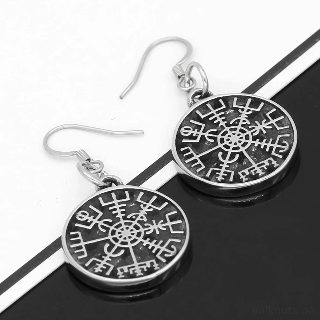 Wikinger Ohrringe Vegvisir mit Valknut auf der Rückseite, silberfarbenes Metall, Runenkompass Symbol