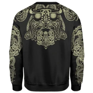 Wikinger Pullover Aegir Rückansicht mit detailreichem Wikinger Krieger Motiv