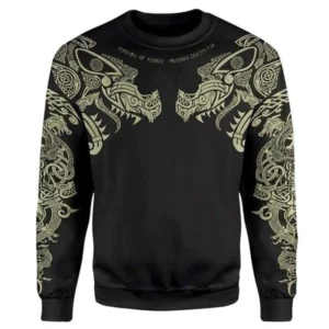 Wikinger Pullover Aegir mit schwarzem Grund und goldenen Wikinger Symbolen Vorderansicht