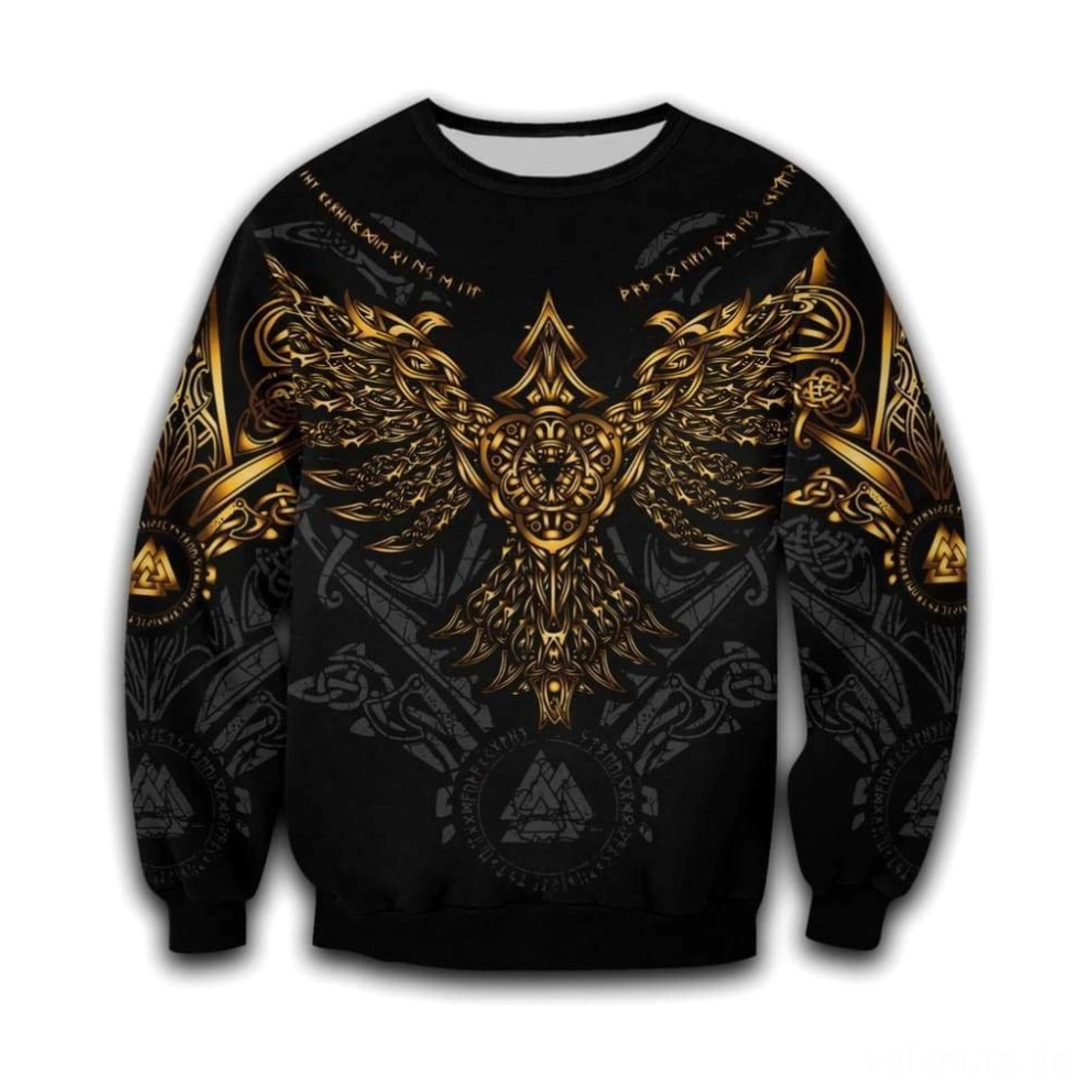 Authentischer Wikinger Pullover Baldr mit goldenen Runen und Valknut Symbolen auf schwarzem Grund