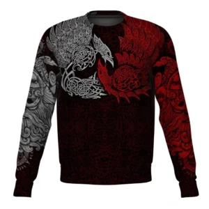 Wikinger Pullover Halfdan mit authentischem Wikinger Muster aus Raben und Kriegern, Schwarz Rot Silber
