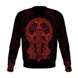 Rückansicht Wikinger Pullover Ivar mit Weltenbaum Yggdrasil und Wikinger Kriegern Motiv