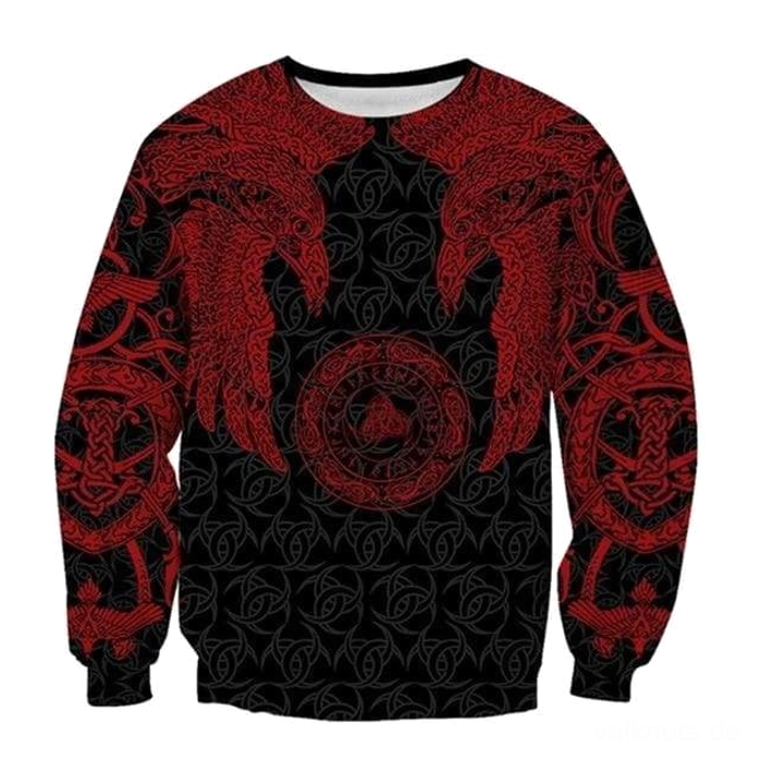 Wikinger Pullover Olvir mit Huginn Muninn Raben Design auf schwarzem Grund