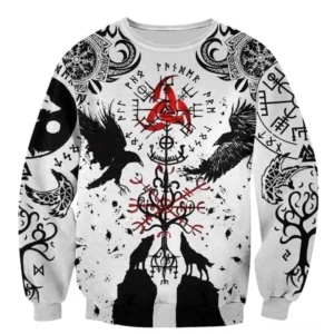 Trygve Wikinger Pullover mit nordischen Runen, Krähen und Wölfen - weißes Wikinger Sweatshirt