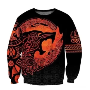 Wikinger Pullover Varg mit Wolf Motiv und keltischen Knoten schwarz orange