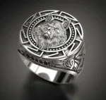 Wikinger Ring mit 3D Wolfskopf Totem Design aus silberner Zinklegierung