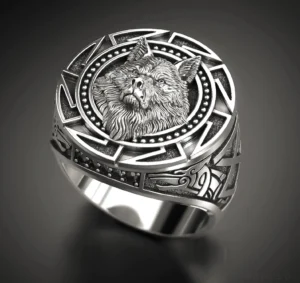 Wikinger Ring mit 3D Wolfskopf Totem Design aus silberner Zinklegierung