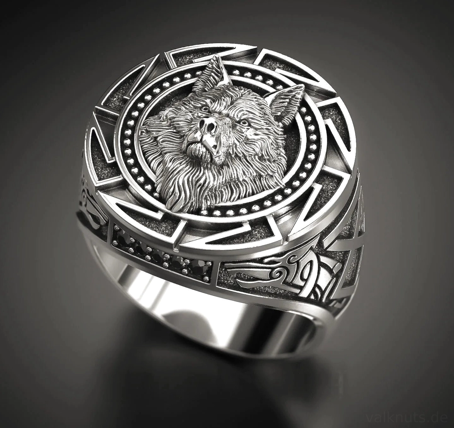 Wikinger Ring mit 3D Wolfskopf Totem Design aus silberner Zinklegierung