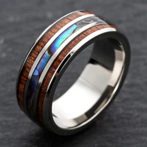 8mm Wikinger Ring aus Tungsten Carbide mit blauem Opal und Abalone Muschel