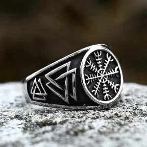 Wikinger Ring Aegishjalmur aus Edelstahl mit Helm der Angst Symbol