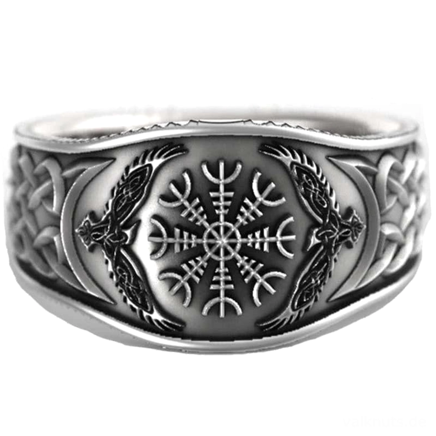 Wikinger Ring Aegishjalmur mit Huginn und Muninn von vorne