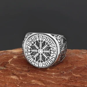 Wikinger Ring mit Ägishjalmur Knoten aus Edelstahl, nordischer Amulett
