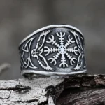 Wikinger Ring aus Edelstahl mit Aegishjalmur und Odins Raben Huginn und Muninn