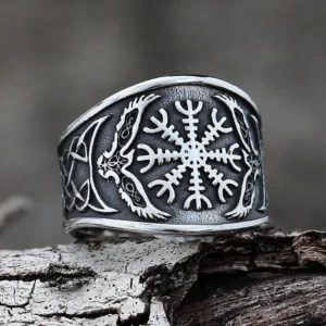 Wikinger Ring aus Edelstahl mit Aegishjalmur und Odins Raben Huginn und Muninn