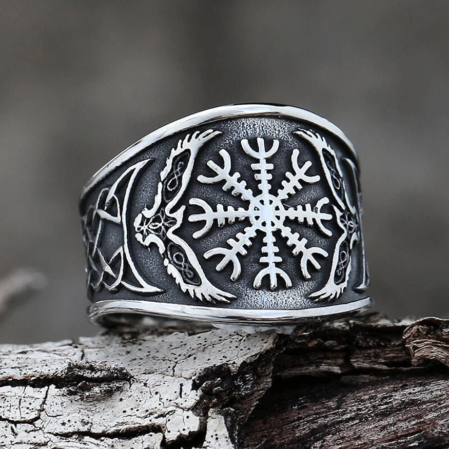 Wikinger Ring aus Edelstahl mit Aegishjalmur und Odins Raben Huginn und Muninn