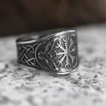 Wikinger Ring Aegishjalmur mit Odins Raben Huginn und Muninn aus 316L Edelstahl