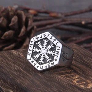 Wikinger Ring mit Aegishjalmur Symbol und Runen aus Edelstahl
