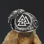 Wikinger Ring aus Edelstahl mit Valknut und Odins Raben, Wikingerschmuck