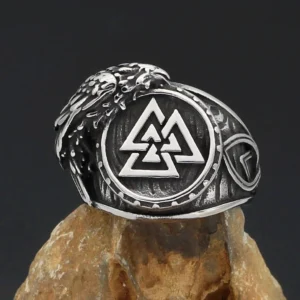 Wikinger Ring aus Edelstahl mit Valknut und Odins Raben, Wikingerschmuck