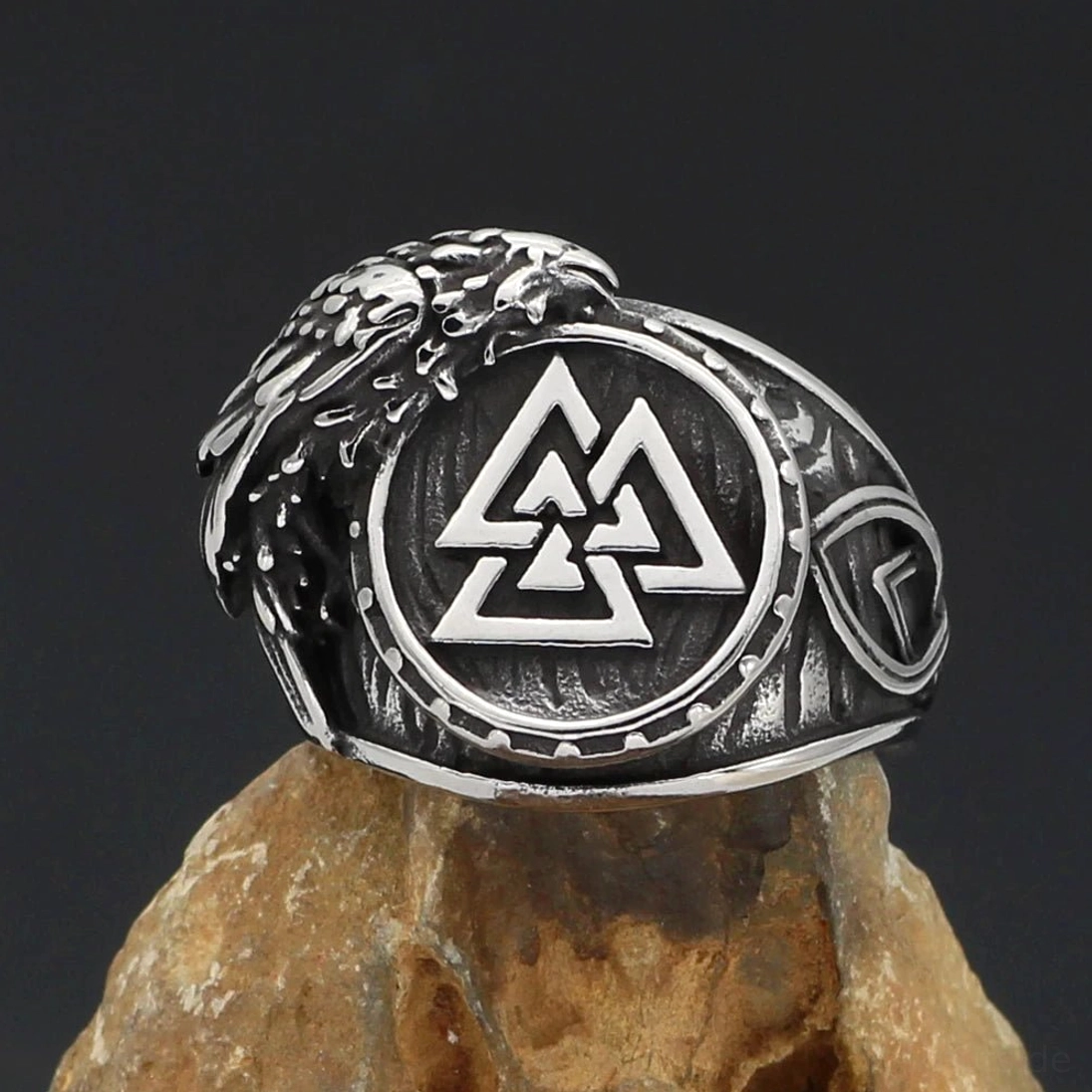 Wikinger Ring aus Edelstahl mit Valknut und Odins Raben, Wikingerschmuck