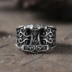 Wikinger Ring aus Edelstahl mit Mjölnir und keltischen Knoten, silber schwarz vintage