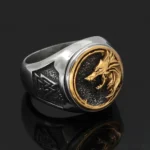 Wikinger Ring Fenrir Valknu goldfarben vorne Ansicht nordisches Amulett aus Edelstahl