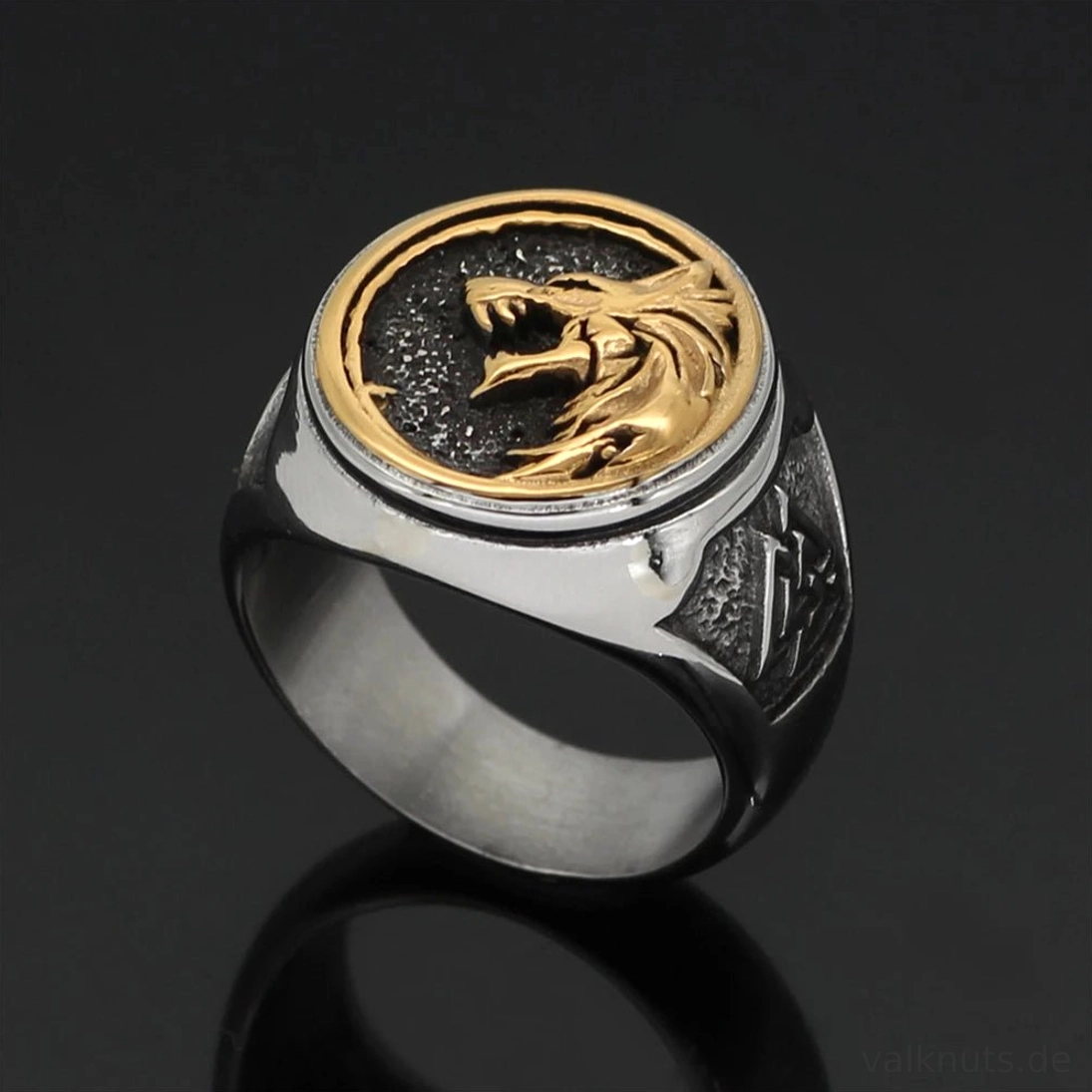 Wikinger Ring Fenrir mit Valknut Gravur Seitenansicht Edelstahl