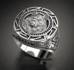 Detailreicher Wikinger Ring mit Fenrir Wolf Kopf Motiv aus Edelstahl
