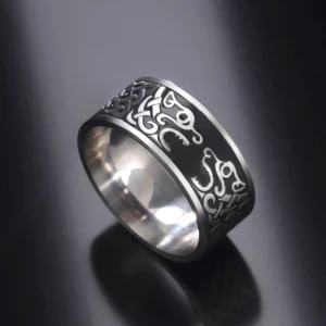 Wikinger Ring Geri und Freki Odins Wölfe aus 316L Edelstahl mit traditionellem Wikinger Knoten Design