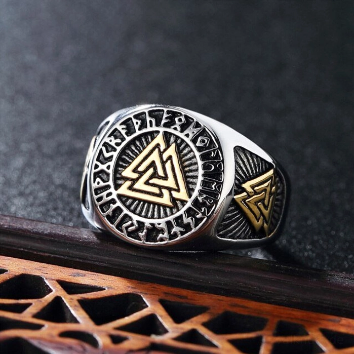 Wikinger Ring goldfarbener Valknut Odin Amulett Edelstahl