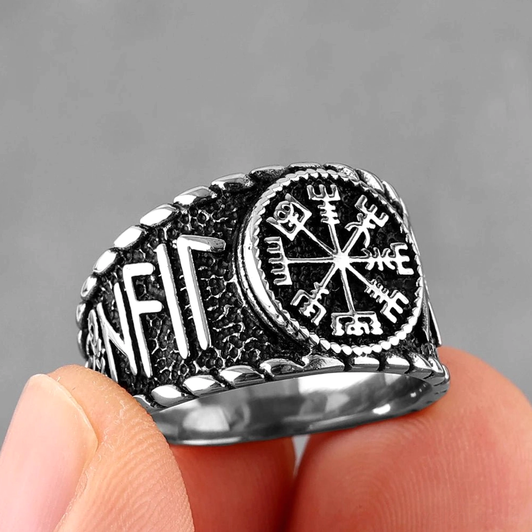 Dicker Wikinger Ring Vegvisir für Herren aus Sterling Silber mit Odin Runen