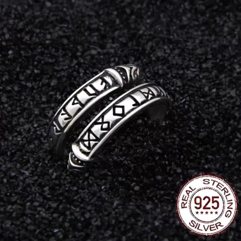 Jörmungandr Wikinger Ring aus 925 Sterlingsilber mit Runen und Ouroboros Design