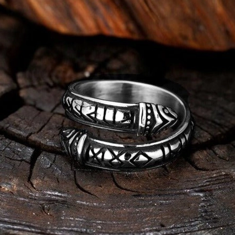Wikinger Ring Jormungandr mit Runen aus Edelstahl, nordische Mythologie Amulett