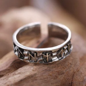 Wikinger Ring mit gravierten Runen, antik silber, offene verstellbare Variante
