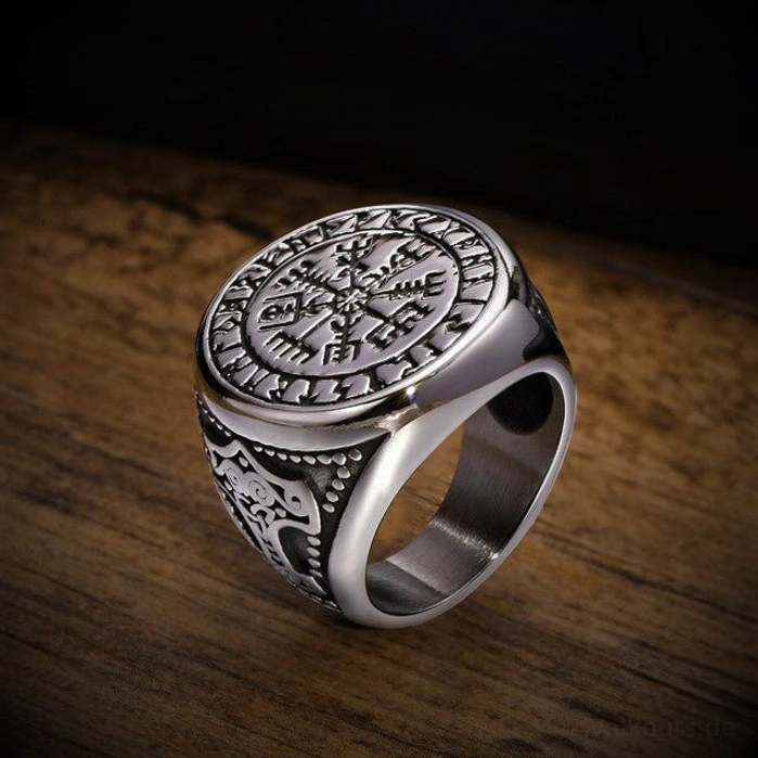 Wikinger Ring mit Vegvisir und Thors Hammer aus Edelstahl für Männer