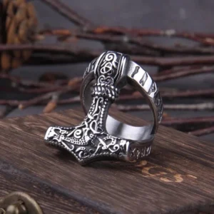 Wikinger Ring Mjolnir mit Runen aus Edelstahl, traditioneller nordischer Amulettschmuck