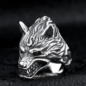 Wikinger Ring mit detailreichem Wolfskopf aus 316L Edelstahl für Männer