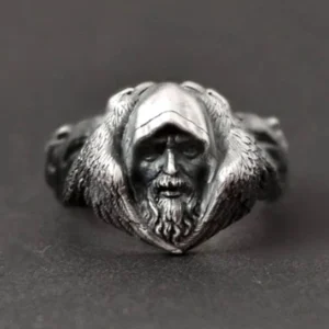 Wikinger Ring Odin der Allvater mit Odinfigur und Wölfen aus Edelstahl