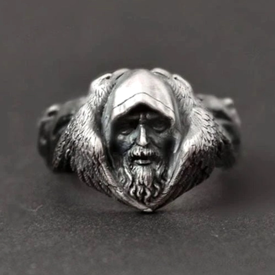 Wikinger Ring Odin der Allvater mit Odinfigur und Wölfen aus Edelstahl