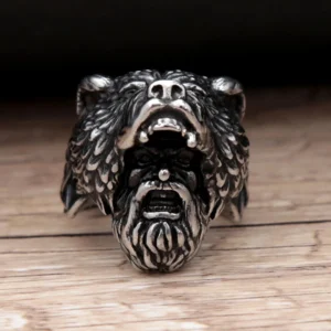 Wikinger Ring Silber Berserker Baerenkrieger aus Edelstahl für Maenner