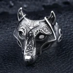 Wikinger Ring Silber mit nordischem Wolfskopf, Edelstahl Wikinger Schmuck für Männer