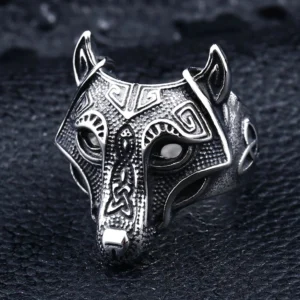 Wikinger Ring Silber mit nordischem Wolfskopf, Edelstahl Wikinger Schmuck für Männer