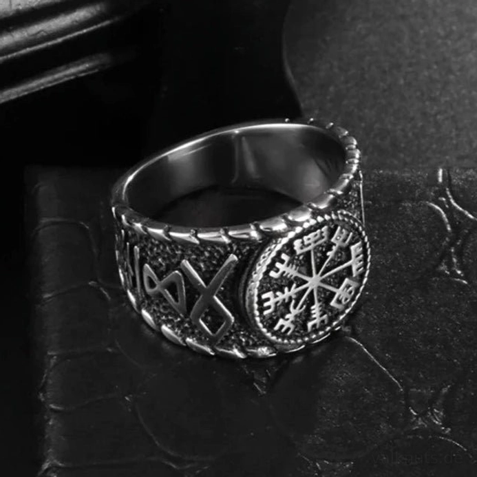 Wikinger Ring aus 925er Silber mit Vegvisir Nordischer Kompass und Heile Odin Runen