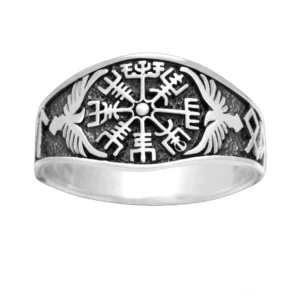 Wikinger Ring Silber mit Vegvisir und Odins Raben Huginn und Muninn