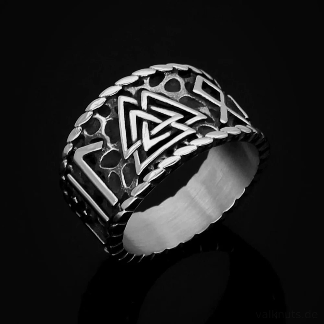 Wikinger Ring Valknut Odins Knot aus Edelstahl mit Runen Gravur