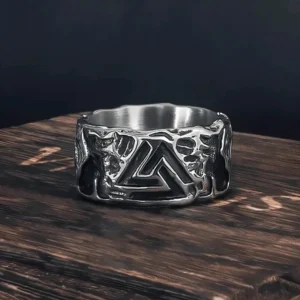 Wikinger Ring mit graviertem Valknut und Odins Wölfen, Edelstahl Wikinger Schmuck für Männer und Frauen